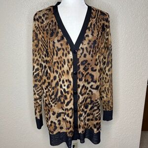 Chico's Size 3 Brown Black Leopard Animal Print Sheer Cardigan Women's Size XL